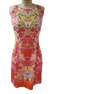 Ellie Tahari Women’s Sleeveless multi-colored white orange pink Eyelet dress 4